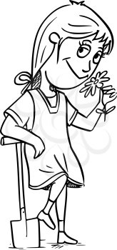Hand drawing cartoon illustration of small girl gardener with shovel smelling the flower.