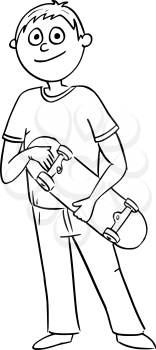Hand drawn vector cartoon illustration of boy holding a skateboard.