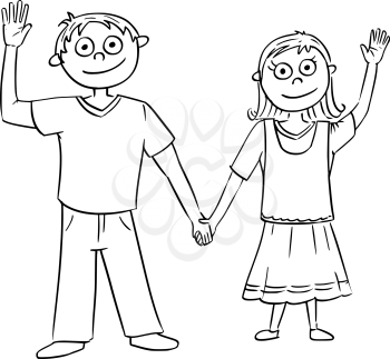 Hand drawing cartoon vector illustration of boy and girl or young man and woman holding each other's hands and waving.
