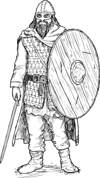 Hand drawing pen and ink illustration of ancient viking warrior in scale mail armor with helmet, sword and shield.
