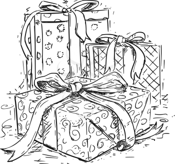 Vector drawing illustration of three christmas gift boxes with ribbon and decorative wrap.