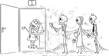 Cartoon vector stick man illustration of three human skeletons of of people who were dying waiting in queue or line, female clerk or office worker is phone calling instead of working.