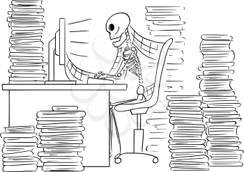 Cartoon vector illustration of forgotten human skeleton of dead businessman or clerk sitting in front of computer in office with files and spider webs all around.