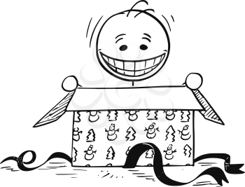 Cartoon stick man drawing illustration of happy smiling man looking in to open Christmas gift box.