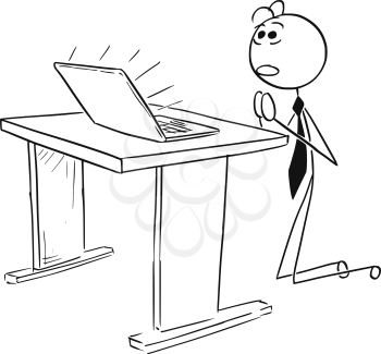 Cartoon vector stick man illustration of businessman kneeling and praying in front of the computer notebook, conceptual idea of online business.