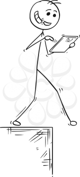 Cartoon vector illustration of stick man walking with handsfree hands-free and tablet and falling down 