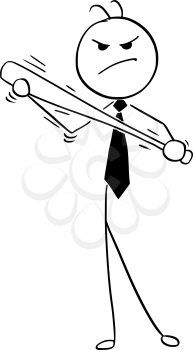 Cartoon vector illustration of angry stick man businessman or salesman with baseball bat in hands.