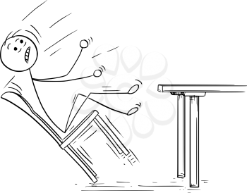 Cartoon vector illustration of  stick man rocking and falling with chair from table.
