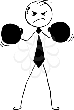 Cartoon vector illustration of angry stick man businessman; salesman or manager with boxing gloves and ready to fight.