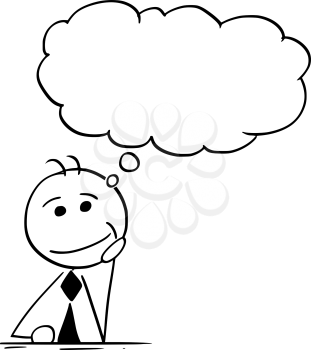 Cartoon illustration of smiling stick man businessman manager or businessman or politician thinking hard with empty speech bubble or balloon above his head.