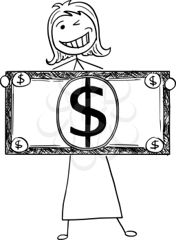 Cartoon illustration of happy smiling stick businesswoman, manager, female clerk or politician posing with large dollar bill or banknote