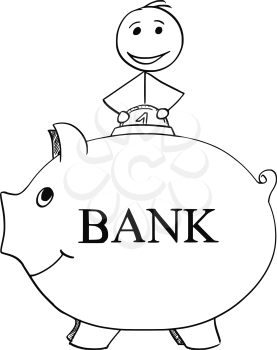 Cartoon stick man illustration of smiling man inserting coin in to large piggy bank.