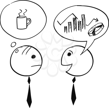 Cartoon stick man illustration of two businessman, one talking about chart and graph, second thinking about coffee break.
