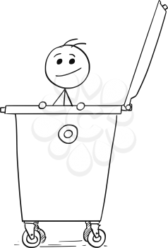 Cartoon stick man illustration of smiling man poking out of the waste container dumpster.