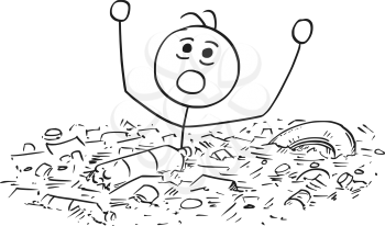 Cartoon stick man illustration of man drowning in waste garbage litter trash dump .