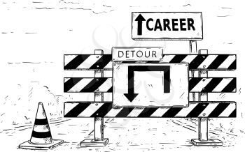 Vector cartoon drawing of road traffic block stop detour with career sign boards.