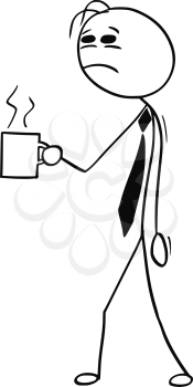 Cartoon stick man illustration of tired business man businessman walking with cup mug of coffee.