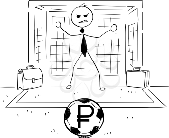 Conceptual cartoon vector illustration of stick man businessman as football soccer goal keeper goalie ready to catch the ball with ruble sign.