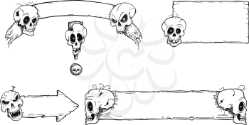 Set of halloween frames and empty signs with hand drawing cartoon skull illustrations.