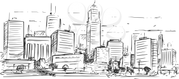 Vector cartoon sketchy drawing of city high rise cityscape landscape with skyscraper buildings.