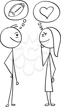 Cartoon stick man drawing illustration of difference between man and woman talking about football sport ball and love heart symbol.