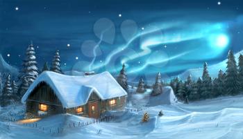 Romantic digital painting of snowy winter christmas winter night cottage in mountains.