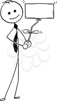 Cartoon stick man drawing conceptual illustration of businessman care about plant in his hand. Plant flower as empty or blank sign for text.