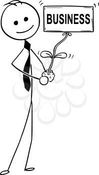 Cartoon stick man drawing conceptual illustration of businessman care about plant in his hand. Plant blooming flower as business text sign. Concept of investment, startup and success.