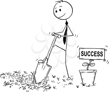 Cartoon stick man drawing conceptual illustration of businessman digging hole to plant a tree with success sign as flower. Business concept of investment, growth and career.