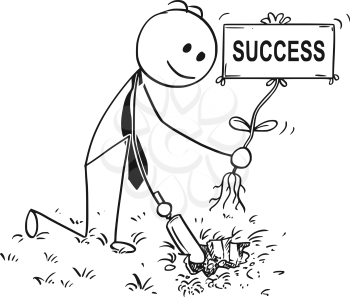 Cartoon stick man drawing conceptual illustration of businessman digging hole with small shovel to plant a tree with success sign as flower. Business concept of investment, growth and career.