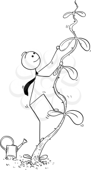 Cartoon stick man drawing conceptual illustration of businessman climbing high plant or beanstalk. Business concept of success, career and startup.