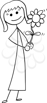 Cartoon stick man drawing conceptual illustration of business woman care about blooming plant in his hand. Business concept of investment, growth and success .
