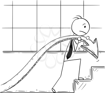 Cartoon stick man drawing conceptual illustration of businessman carry profit chart graph arrow up stairs to increase company profit. Business concept of startup and challenges.
