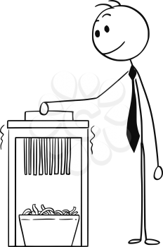 Cartoon stick man drawing conceptual illustration of businessman using office paper shredder.