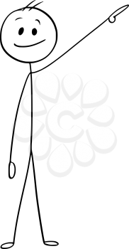 Cartoon stick man drawing conceptual illustration of businessman pointing left and up or above him.