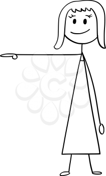 Cartoon stick man drawing conceptual illustration of businesswoman or woman pointing right.