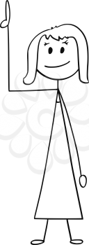 Cartoon stick man drawing conceptual illustration of businesswoman or woman pointing up or above her.