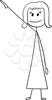 Cartoon stick man drawing conceptual illustration of businesswoman or woman pointing right and up or above her.