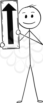 Cartoon stick man drawing conceptual illustration of businessman holding arrow sign pointing up.