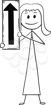 Cartoon stick man drawing conceptual illustration of businesswoman or woman holding arrow sign pointing up.