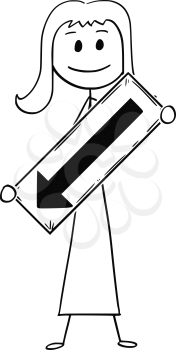 Cartoon stick man drawing conceptual illustration of businesswoman or woman holding arrow sign pointing left and down.