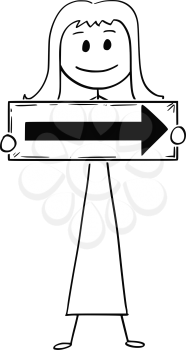 Cartoon stick man drawing conceptual illustration of businesswoman or woman holding arrow sign pointing right.