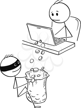 Cartoon stick man drawing conceptual illustration of businessman working on computer while hacker is stealing him money or using his computer for cryptocurrency mining.