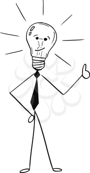 Cartoon stick man drawing conceptual illustration of business man with light bulb as head showing thumbs up. Concept of problem solution.