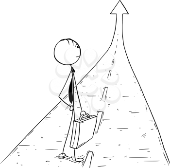 Cartoon stick man drawing conceptual illustration of businessman standing on the road or way leading to career success.