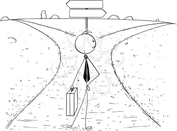 Cartoon stick man drawing illustration of businessman standing on the crossroad with empty  blank arrow signs and making choice or decision. Concept of business career opportunities and choices.