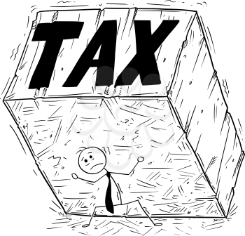 Cartoon stick man drawing conceptual illustration of businessman carrying or supporting big block of stone of rock. Concept of business stress from tax.