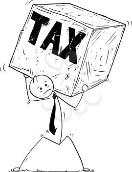 Cartoon stick man drawing conceptual illustration of businessman carrying big block of stone of rock. Concept of business stress from tax.