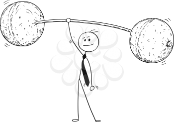Cartoon stick man drawing conceptual illustration of businessman lifting easily heavy weight barbell. Concept of easy business and success.