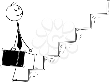 Cartoon stick man drawing conceptual illustration of businessman ready to walk or climb the stairs . Business concept of success and career.